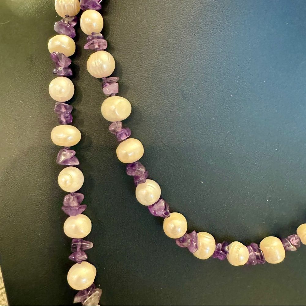 Purple Amethyst chip baroque freshwater pearl extra long double strand necklace - Picture 4 of 5